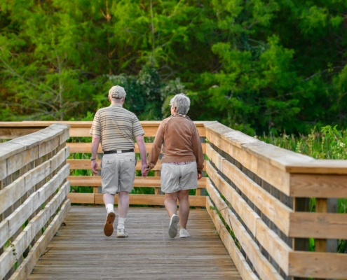 a couple of people that are walking across a bridge